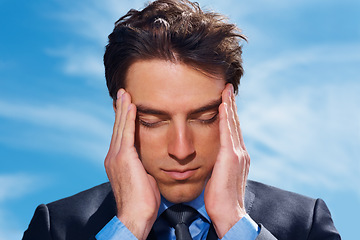 Image showing Businessman, headache and stress or burnout, mental health and frustrated by debt and audit. Professional, male person and migraine or fatigue, anxiety and massage temple or brain fog and blue sky