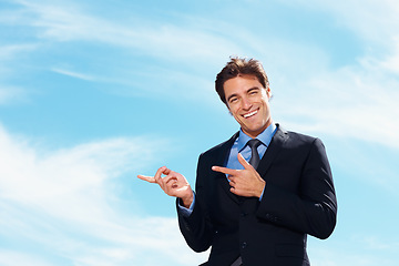 Image showing Blue sky portrait, professional and happy man point at corporate announcement, company notification or legal info. Mockup space, service choice and business lawyer, attorney or advocate sales offer