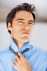 Image showing Business, change and portrait of man and tie in home for morning routine, dressing and ready. Fashion, professional and career with face of person and shirt for confidence, start and preparation