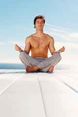 Image showing Outdoor, yoga and meditation with man, peace and breathing with health, wellness and relax. Person, yogi or guy with lotus position, spiritual or freedom with energy, fitness or exercise with workout