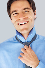 Image showing Fashion, tie and portrait of man dressing in home for morning routine, change and ready. Business, professional and career with face of person and shirt for confidence, start and preparation