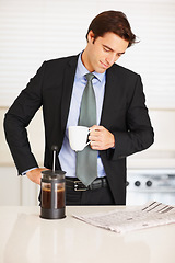 Image showing Business man, reading newspaper and coffee in kitchen with thinking, ideas or check stats on global market. Trader, investor and morning paper for announcement, stock and decision for financial job