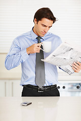 Image showing Business man, reading newspaper and coffee cup in kitchen for thinking, idea or check stats on global market. Trader, investor and morning paper for announcement, stock and decision for financial job