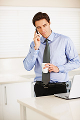 Image showing Serious businessman, phone call and coffee for discussion or communication in kitchen at home. Man or employee talking on mobile smartphone for morning, business conversation and cup of tea at house