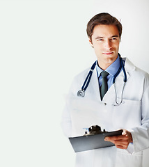 Image showing Man, doctor and thinking with clipboard for prescription, research or checklist against a white studio background. Male person, surgeon or medical professional in wonder for life insurance on mockup