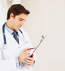 Image showing Man, doctor and clipboard for prescription, research or checklist for medical history at hospital. Male person, surgeon or professional checking diagnosis, appointment or life insurance at clinic