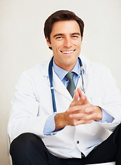 Image showing Portrait, happiness and relax man, doctor or surgeon smile for medical support, wellness services or career experience. Hospital, cardiology and professional expert happy for clinic healthcare work
