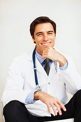 Image showing Relax portrait, medical and happy man, doctor or surgeon for cardiology support, health services or healthcare commitment. Hospital, medic pride and clinic cardiologist trust, smile and confidence