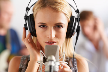 Image showing Music studio, portrait and woman with microphone, headphones and band performance with talent. Singing, art and face of girl musician live streaming voice for record label, sound and audio broadcast.