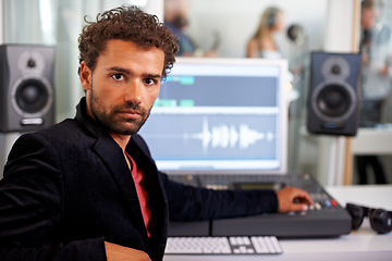 Image showing Audio engineer man, portrait and computer with mixer, press and creative in recording studio for music. Musician, artist and producer with sound tech for analysis, pride and entertainment industry