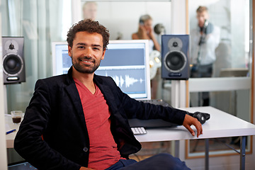 Image showing DJ, happy musician and recording studio portrait with a man and music producer with tech and computer. Engineer, audio technician and media with a professional in sound booth with synthesizer