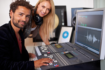 Image showing DJ, musician team and recording studio portrait with a man and music producer with tech and computer. Sound engineer, audio technician and media with professional in booth with synthesizer and artist