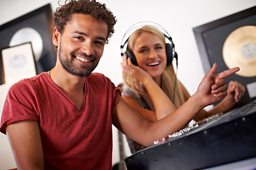 Image showing Recording studio, musician and portrait of producer for music, radio songs and audio with musical instruments. Technology, soundboard and man and woman sound engineer or technician to record media