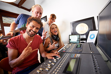 Image showing Recording studio, rock sign and portrait of people for music, radio and audio with musical instruments. Hand emoji, soundboard and happy men and women with sound engineer or producer to record media