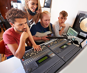 Image showing Recording studio, music and people with producer for band songs, track and audio with musical instruments. Technology, soundboard and men and women with sound engineer or technician to record media