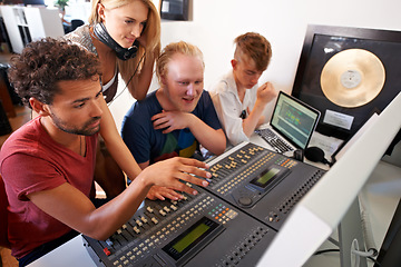 Image showing Recording studio, music and producer for band song, track and audio with musical instruments. Technology, digital podcast and men and women with sound engineer, production or technician for media