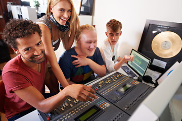 Image showing Recording studio, happy and portrait of producer for music, radio song and track with musical instruments. Technology, audio production and men and women with sound engineer or technician for media