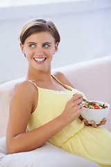 Image showing Pregnant woman, salad and happy on sofa for health, nutrition and wellness in living room of apartment. Person, vegetables or smile on couch of lounge for relax, pregnancy and healthy diet with fiber