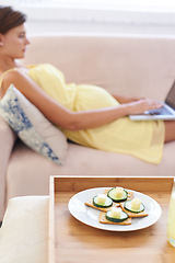 Image showing Pregnant woman, food and laptop on sofa with healthy, nutrition or wellness for lunch or snack in living room. Person, meal or brunch and crackers on couch for remote work, relax and internet at home