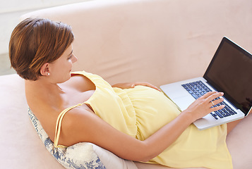 Image showing Screen, pregnant or woman on laptop in house living room for childcare website, information or birth learning. Above, mockup space or relax person on home sofa technology, research or pregnancy blog