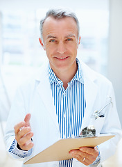 Image showing Question, health and portrait of doctor with clipboard, chart or survey for insurance and medical information. Surgeon, man and talking with paperwork, report or checklist at clinic or hospital