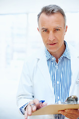 Image showing Health, question and doctor with checklist on clipboard, chart or survey for insurance and medical information. Healthcare, man and portrait with paperwork, report or check up at clinic or hospital