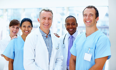 Image showing Portrait, teamwork and doctor with healthcare, nurse and diversity with trust, clinic and medicare. Face, people and group with medical, professional and about us in a hospital, smile and wellness