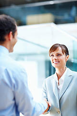 Image showing Business woman, handshake and welcome to job interview, Human Resources meeting or career introduction in office. Professional people or clients shaking hands for recruitment, opportunity and hiring