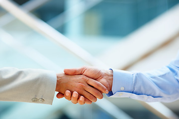 Image showing Corporate people, shaking hands and meeting agreement, partnership and introduction for legal deal or onboarding. Closeup of business lawyer and clients handshake for success, support and greeting