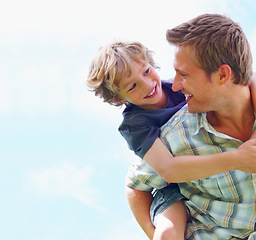 Image showing Father, son and happy outdoor with piggyback for bonding, relationship and freedom with blue sky or mock up. Family, man and boy child with playing, care and love for excitement, peace and support