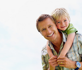 Image showing Father, son and portrait or happy with piggyback for bonding, relationship and freedom with mock up in nature. Family, man and boy child with playing, care and love for excitement, peace and support