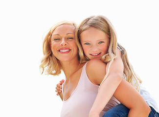 Image showing Portrait, piggy back and mother with girl, smile or fun with happiness, bonding together or outdoor. Face, family or mama carrying daughter with joy, play or love on white background and mockup space