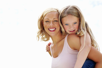 Image showing Portrait, piggy back and mother with girl, love or smile with happiness, bonding together or outdoor. Face, family or mama carrying daughter with joy, play or fun on white background and mockup space