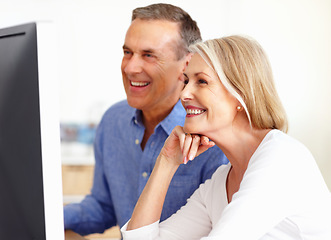 Image showing Search, senior or happy couple on computer for email, social media or streaming subscription in home. Smile, booking holiday vacation online or mature people on a website or internet in living room