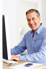 Image showing Mature man at desk with computer, portrait and happy networking on email, typing and planning budget. Smile, paperwork and senior businessman in office with invoice, bills and online business audit.