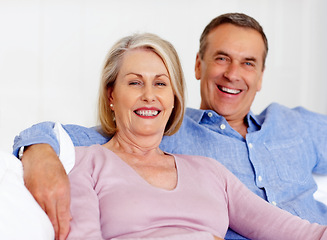 Image showing Elderly, couple and portrait or happy on sofa with support, relationship and marriage in retirement home. Senior, man and woman with smile on couch in living room with trust, care and love in house