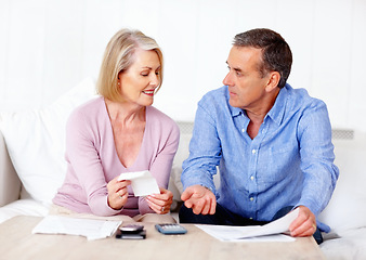 Image showing Home, finance and senior couple with documents, retirement fund and mortgage debt with insurance checklist, life and asset management. Apartment, old woman or mature man with paperwork or budget plan