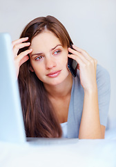 Image showing Thinking, phone call and woman on bed with laptop, communication and networking. Internet, morning and girl with cellphone, computer and listening in bedroom with conversation, connection and chat.