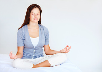 Image showing Yoga, meditation and woman in bedroom with peace and spiritual zen in morning from breathing. Calm, lotus and mindfulness exercise in home with person to relax or benefits of self care in mockup