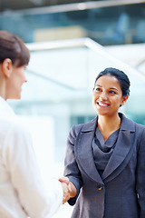 Image showing Business women, handshake and introduction to job interview, Human Resources meeting or welcome for hiring. Professional people or clients shaking hands for recruitment, career success or opportunity