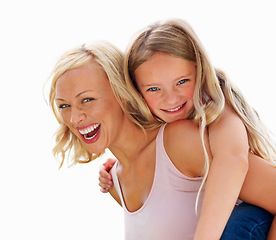 Image showing Portrait, piggy back or mother with girl, funny or love with happiness, bonding together or outdoor. Face, family or mama carrying daughter with joy, play or smile on white background or mockup space