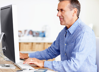 Image showing Finance, computer or mature man with budget planning for financial spreadsheet or retirement investment. Documents, website or senior person reading news online or savings account or banking in home