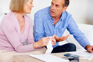 Image showing Receipt, debt or senior couple with computer in home for retirement savings or pension planning. Profit growth, financial investment or mature man talking to a woman for house bills, taxes or budget