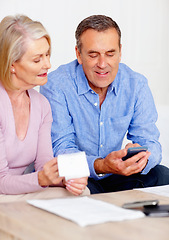 Image showing Receipt, calculator or senior couple with computer in home for retirement savings or pension planning. Profit growth, financial investment or mature man talking to a woman for house bills or budget