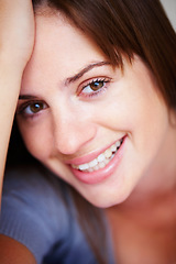 Image showing Happy, closeup and portrait of woman with beauty and positive attitude, confidence and smile in home. Attractive, relax and face of person with joy, cheerful and excited facial expression in house