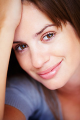 Image showing Happy, relax and portrait of woman with beauty and positive attitude, confidence and calm in home. Attractive, house and face closeup of person with joyful, smile and cheerful facial expression