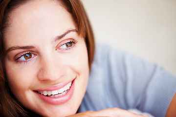 Image showing Woman, thinking and relax closeup for happy weekend rest, lazy holiday nap or calm peace. Female person, smile and thoughts for wellness cozy or comfort idea on vacation, morning break in apartment