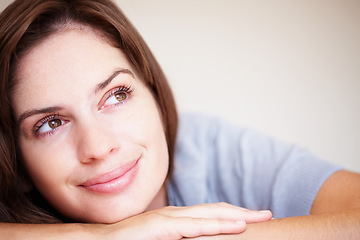 Image showing Rest, thinking and face of woman in home for wonder, daydreaming and comfortable in house. Ideas, thoughtful and person for plans, reflection and wake up for health, wellness and calm in morning