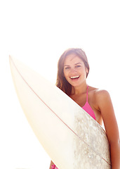 Image showing Portrait, surfboard and happy woman in bikini at ocean for summer vacation, travel adventure or tropical island. Relax, surfing and girl at beach for holiday with waves, sunshine and smile in Hawaii.