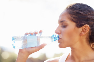 Image showing Drinking water, fitness and woman outdoor for running, wellness or training on white background. Sports, liquid and face profile of female runner outside for exercise, workout or morning cardio run